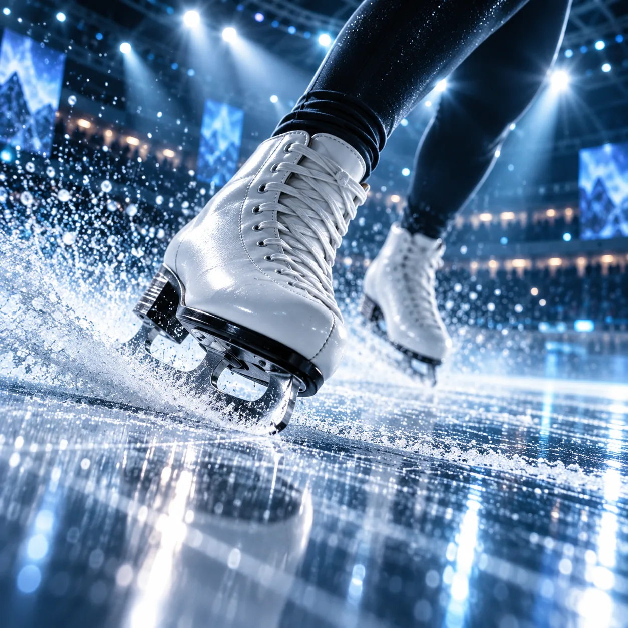 Close-up of a skate blade carving ice spray