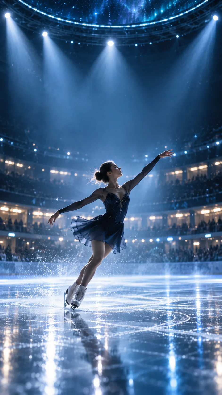 A figure skater gliding under the arena lights