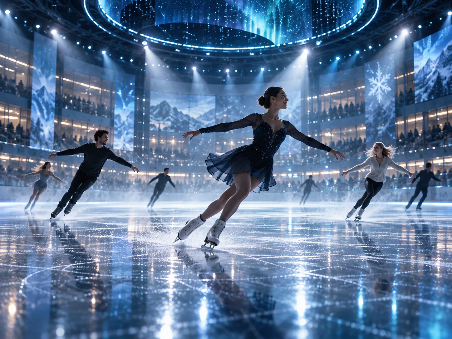 A skater performing under spotlights